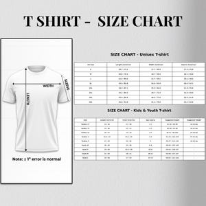 Puede incluir: Una camiseta blanca con medidas de largo, ancho y manga, y una tabla de tallas para camisetas unisex y para ni&ntilde;os. La tabla incluye tallas de EE. UU., medidas en cm y pesos sugeridos.