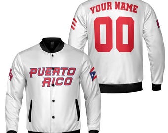 Personalized Puerto Rico Varsity Jacket, Custom Name & Number Baseball Bomber Coat, White Button Up Unisex Gift for Fans, PR Flag Streetwear