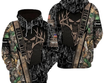 Deer Hunting Camo Hoodie with Skull Antler Graphic, Custom Name Patch & USA Flag Sleeve, Unisex Camouflage Buck Pullover for Hunters Gift