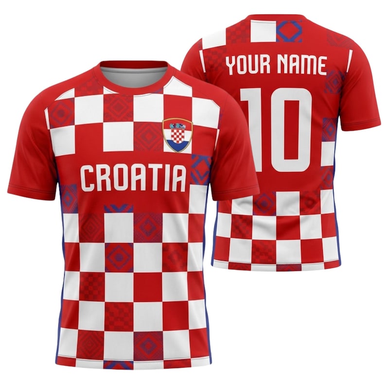 May include: A red and white chequered Croatia football shirt with the word "CROATIA" across the chest. The shirt features the Croatian coat of arms and the number 10 on the back, with space for a name.
