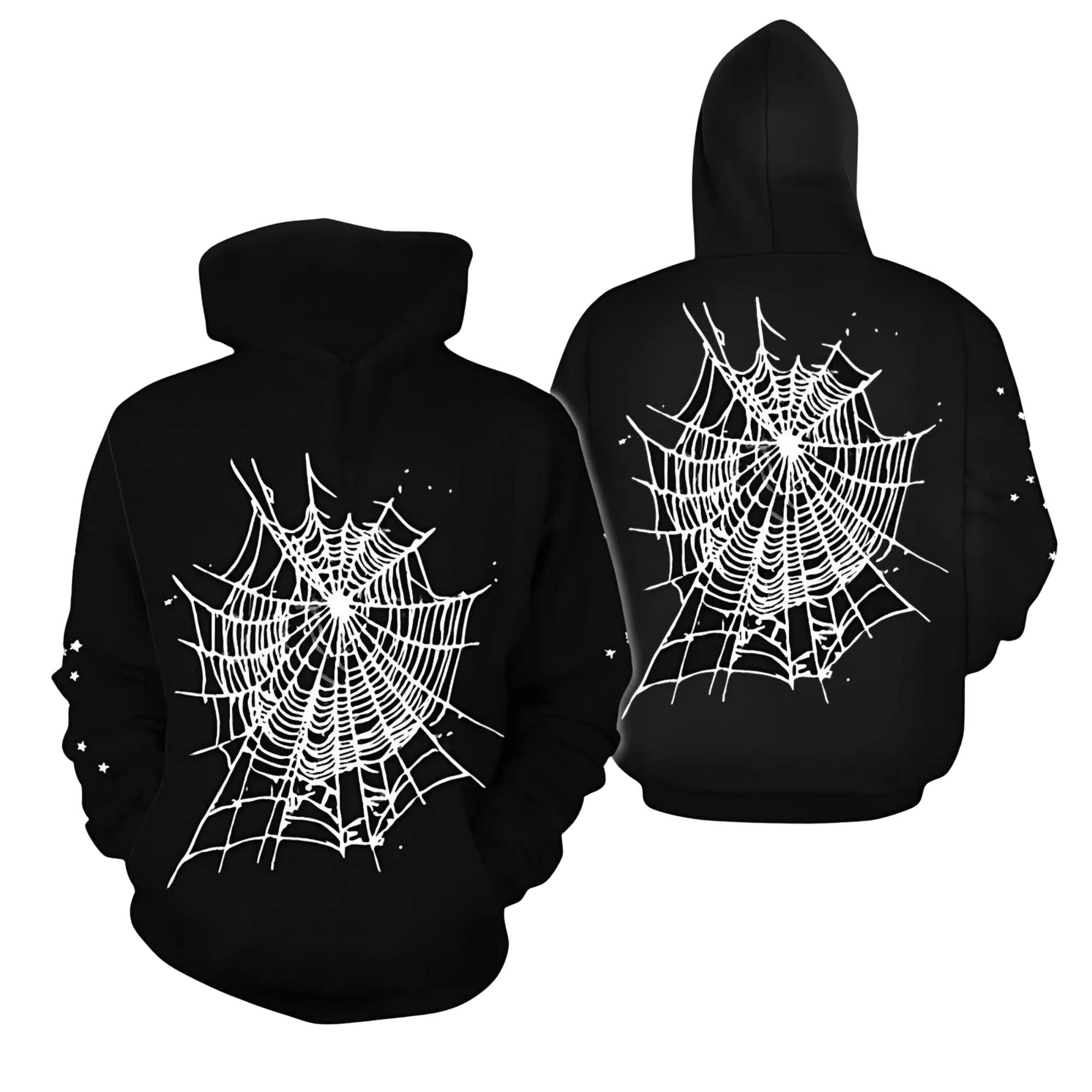 Black Spider Web Hoodie With White Web Graphic Front and Back 