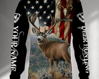 Patriotic Deer Hunting Long Sleeve Shirt with American Flag Buck Graphic, Personalized Name Sleeve, Unisex Hunter Gift Outdoors Apparel