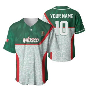 May include: A button-down baseball jersey in green, white, and red. The front features the text MEXICO and a small emblem. The back displays the text YOUR NAME and the number 10. The fabric has a light gray pattern of Aztec-style motifs.
