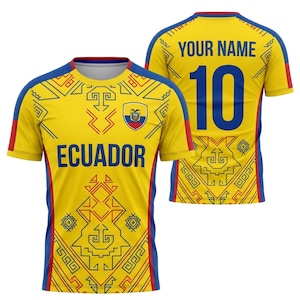 Camiseta personalizada de fútbol de Ecuador, camiseta amarilla personalizada para aficionados al fútbol, camiseta con nombre y número de Ecuador, camiseta deportiva con estampado geométrico, regalo ideal.