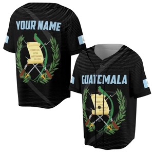 Camiseta de béisbol personalizada de Guatemala, negra, con botones, mangas con la bandera de Guatemala, escudo de armas de Quetzal, nombre personalizado en la espalda, regalo unisex.