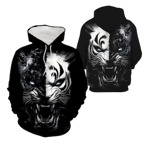 Sudadera con capucha Yin Yang Tiger Panther, con estampado 3D de felino grande en blanco y negro, con gráfico de animal de ojos azules, unisex, estilo urbano, regalo