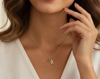 14K Gold Initial Necklace with Heart Birthstone, Custom Letter Necklace, Birthstone Jewellery, 18th Birthday Gifts for Her, Christmas Gift