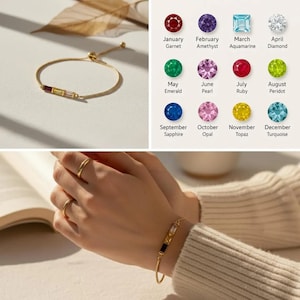 Puede incluir: Una pulsera dorada con cierre deslizante, con una fila de piedras preciosas rectangulares en colores rojo, amarillo y transparente. La imagen tambi&eacute;n muestra una tabla de piedras de nacimiento, incluyendo Granate, Amatista y Aguamarina.