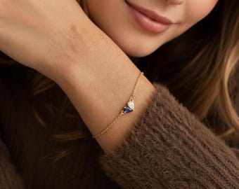 Pulsera de corazón personalizada con 2 piedras de nacimiento • Joyas personalizadas para madre e hija • Regalo para ella • Relleno de oro o plata esterlina