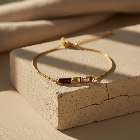 14K Gold Birthstone Bracelet, Custom Baguette Birthstone Bracelet, Personalized Gift for Mom Grandma, Mothers Day Christmas Birthday Gift