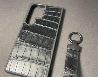 Capa de couro de crocodilo feita à mão para Samsung Galaxy S25 Ultra com chaveiro | Capa de celular luxuosa em couro legítimo