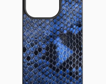 Blue Python Leather iPhone 12–16 Case | Handmade Snakeskin Cover | Exotic Gloss Finish | MagSafe Option | Bold Luxury Gift