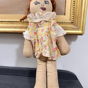 Vintage Handmade Cloth Rag Doll – 12” Embroidered Face, Braided Hair, Floral Dress – Primitive Folk Art Toy