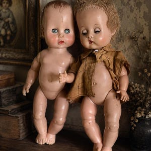 Vintage Creepy Cute Baby Doll Pair 8 Inch | Haunted Doll Friends | Worn Sleep Eye Dolls | Oddity Nursery Decor - SOLD TOGETHER