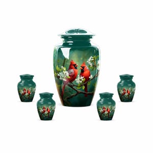 Couple Northern Cardinal Urn, Customized Memorial Urn for Male or Female Ashes, Green Urns, Unique White Cherry Blossom Urns, Decorative Urn