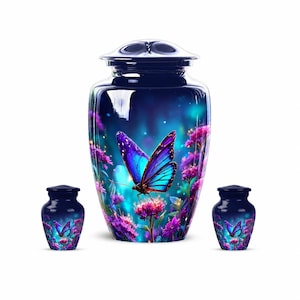 Blue Butterfly Human Cremation Urn, Sunset Floral Memorial Keepsake, Aluminum Funeral Tribute
