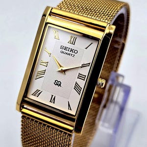 Vintage Seiko Slim Tank Quartz Men&#39;s Wrist Watch, Rectangle Watch-Golden & White . Gold