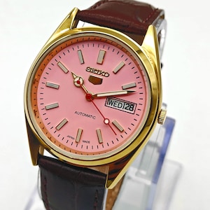 Vintage 1980&#39;s Seiko 5 Automatic Day-Date Japanese Men&#39;s Wrist Watch Pink Dial-Ref 6309