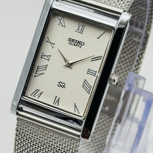 Vintage Seiko Slim Tank Quartz Men&#39;s Stainless Steel Wrist Watch Handmade Mesh Strap