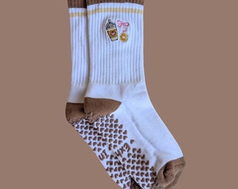 Non-Slip Pilates Grip Socks for women | Ice Coffee Donut Embroidered Yoga & Barre Crew Socks | Heart Inhale Exhale Grips | Personalised Gift