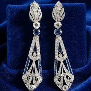 Art Deco Dangle Earrings | Sapphire Style, Diamond Look, Sterling Silver