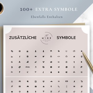 May include: A sheet with various black symbols, including social media icons, arranged on a pink background. The text "ZUS&Auml;TZLICHE SYMBOLE" is at the top, with "100+ EXTRA SYMBOLE" above. A gold pen and a cup of coffee are also visible.