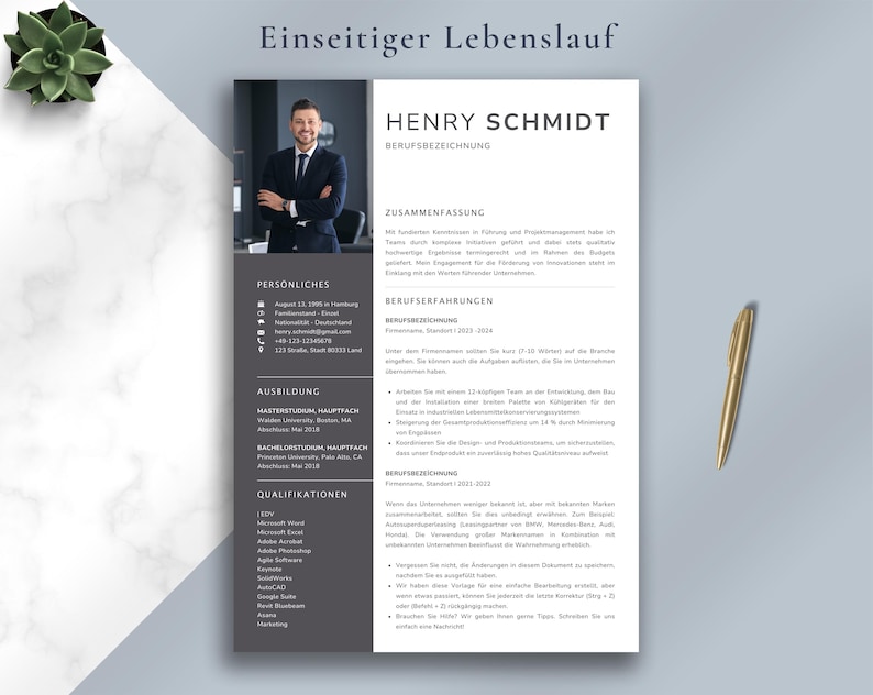 May include: A professional resume template with a photo of a man in a suit. The resume is in black and white with sections for personal information, education, and work experience. A gold pen rests on the right side of the resume.