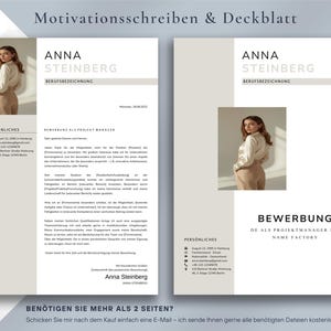 Puede incluir: Plantilla de curr&iacute;culum de dos p&aacute;ginas con una foto de una mujer. El curr&iacute;culum tiene un dise&ntilde;o minimalista con una combinaci&oacute;n de colores gris claro y blanco. El texto incluye el nombre "ANNA STEINBERG" y las palabras "Motivationsschreiben & Deckblatt" y "BEWERBUNG".