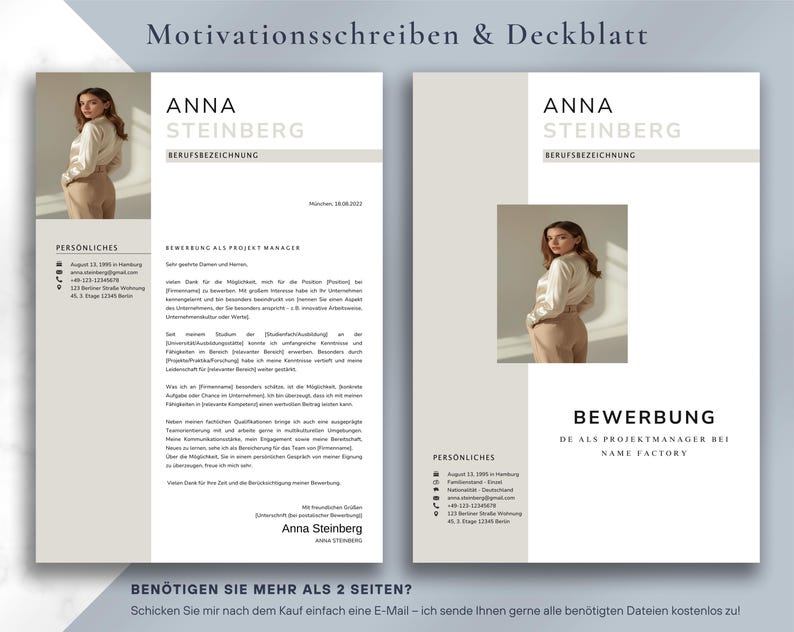 Puede incluir: Plantilla de curr&iacute;culum de dos p&aacute;ginas con una foto de una mujer. El curr&iacute;culum tiene un dise&ntilde;o minimalista con una combinaci&oacute;n de colores gris claro y blanco. El texto incluye el nombre "ANNA STEINBERG" y las palabras "Motivationsschreiben & Deckblatt" y "BEWERBUNG".
