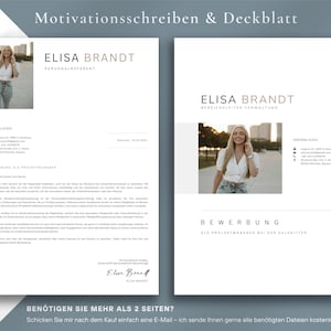 May include: A two-page resume template with the name "ELISA BRANDT" in a modern font. The first page is titled "Motivationsschreiben & Deckblatt" and includes a photo of a woman. The second page is titled "BEWERBUNG".