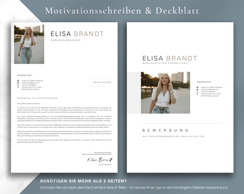 May include: A two-page resume template with the name "ELISA BRANDT" in a modern font. The first page is titled "Motivationsschreiben & Deckblatt" and includes a photo of a woman. The second page is titled "BEWERBUNG".