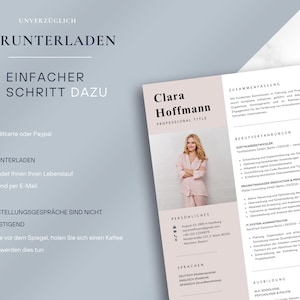 May include: A resume template with a soft pink and white design. The resume includes sections for professional title, summary, experience, and education. The image also includes instructions on how to download the resume.