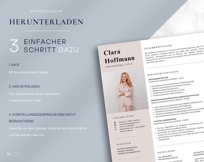 May include: A resume template with a soft pink and white design. The resume includes sections for professional title, summary, experience, and education. The image also includes instructions on how to download the resume.