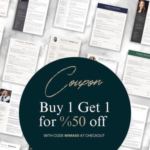 May include: A collection of resume templates in various designs, with names and professional details. A dark teal circle with the word "Coupon" and the text "Buy 1 Get 1 for %50 off" is in the foreground. The code MIMA50 is also visible.