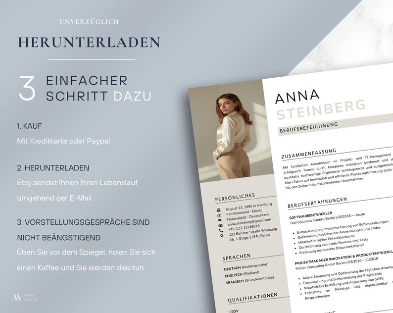 Bewerbungsvorlage 2025 / Moderner Lebenslauf Vorlage / Komplette Bewerbungsmappe / Word, Apple Pages, Canva / Anschreiben Deckblatt Descargar imagen 8