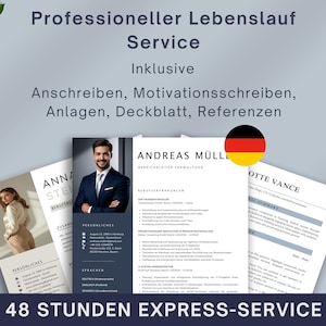 May include: A professional resume service advertisement. The image features sample resumes, a German flag, and text in German. The text includes "Professional Resume Service" and "48 Hour Express Service."