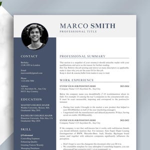 Op de afbeelding: Een professionele cv-sjabloon met de naam "MARCO SMITH" bovenaan. Het bevat secties voor contactgegevens, opleiding, vaardigheden en werkervaring. Een foto van een lachende persoon staat in een cirkel.