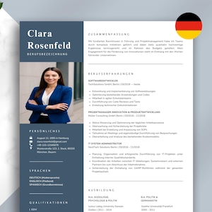 May include: A professional resume template with a photo of a woman in a blue blazer. The resume includes sections for personal information, work experience, and education. The design is modern with a dark blue and white color scheme.