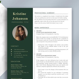 Puede incluir: Plantilla de currículum vitae profesional con encabezado y barra lateral verde oscuro. El currículum incluye secciones para información de contacto, educación, experiencia laboral y un resumen profesional. Un retrato de una mujer está en un círculo.