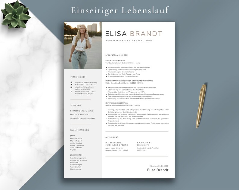 May include: A professional resume template with the name "Elisa Brandt" in gold lettering. The resume includes sections for work experience, skills, and education. A gold pen rests on a blue-gray surface.