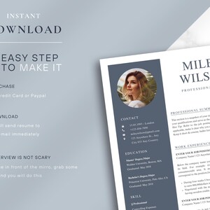 May include: A resume template with the name "Miley Wilson" and the words "Professional Title" at the top. The resume includes sections for contact information, education, skills, and work experience. The words "Instant Download" and "3 Easy Steps to Make It" are also visible.