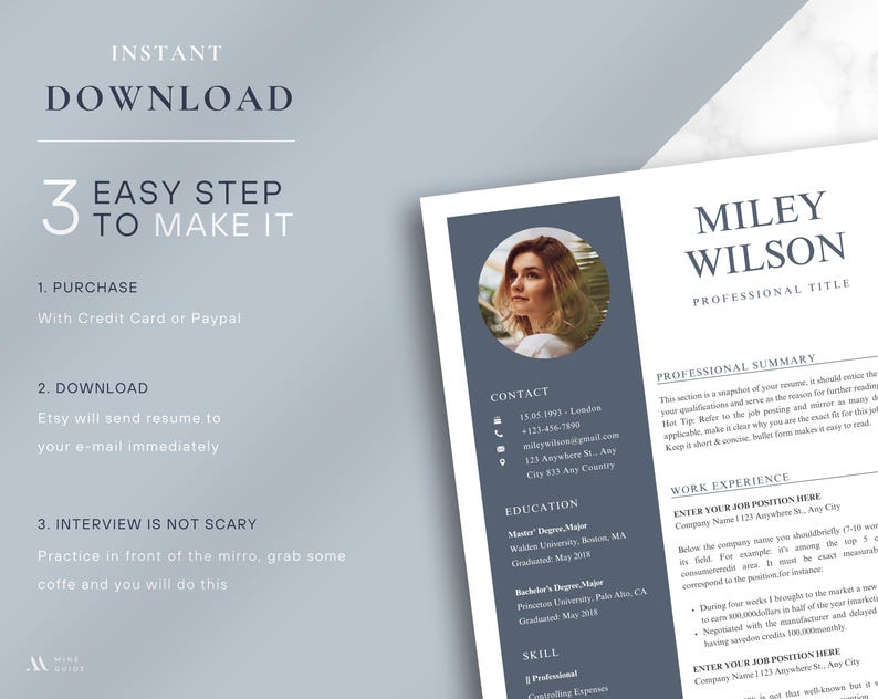May include: A resume template with the name "Miley Wilson" and the words "Professional Title" at the top. The resume includes sections for contact information, education, skills, and work experience. The words "Instant Download" and "3 Easy Steps to Make It" are also visible.