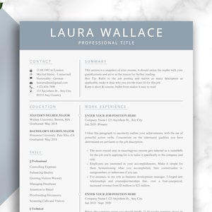 Può includere: Modello di curriculum vitae con il nome "LAURA WALLACE" in alto. Include sezioni per informazioni di contatto, istruzione, competenze ed esperienza lavorativa. Design pulito con intestazione blu chiaro e testo.