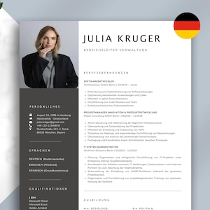 以下が含まれることがあります： 女性、Julia Krugerの写真と連絡先情報が記載された、プロフェッショナルな履歴書のテンプレート。履歴書には、職務経験、スキル、学歴のセクションが含まれています。デザインはモダンで、濃い灰色のサイドバーとドイツの国旗アイコンが付いています。