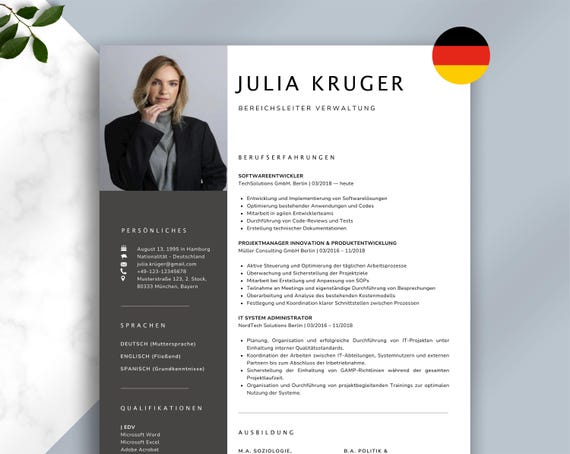 CV Vorlage Deutsch 2025 | Lebenslauf Muster & Bewerbungsvorlagen für Word, Canva, Apple Pages | Modernes und editierbares Design