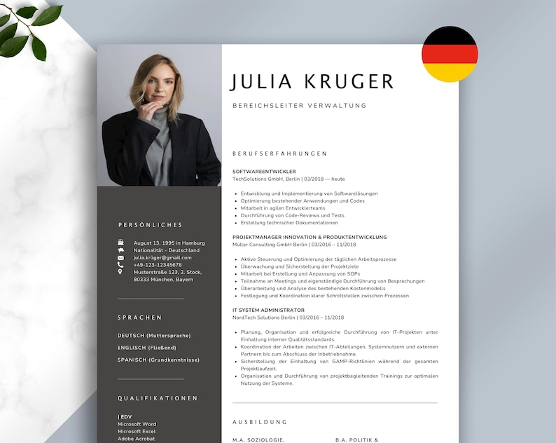 May include: A professional resume template with a photo of a woman, Julia Kruger, and her contact information. The resume includes sections for work experience, skills, and education. The design is modern with a dark gray sidebar and a German flag icon.