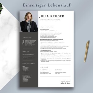 May include: A professional resume template with a photo of a woman, a gold pen, and a small plant. The resume is in black and white with the text "Einseitiger Lebenslauf" at the top. The name "Julia Kruger" is prominently displayed.