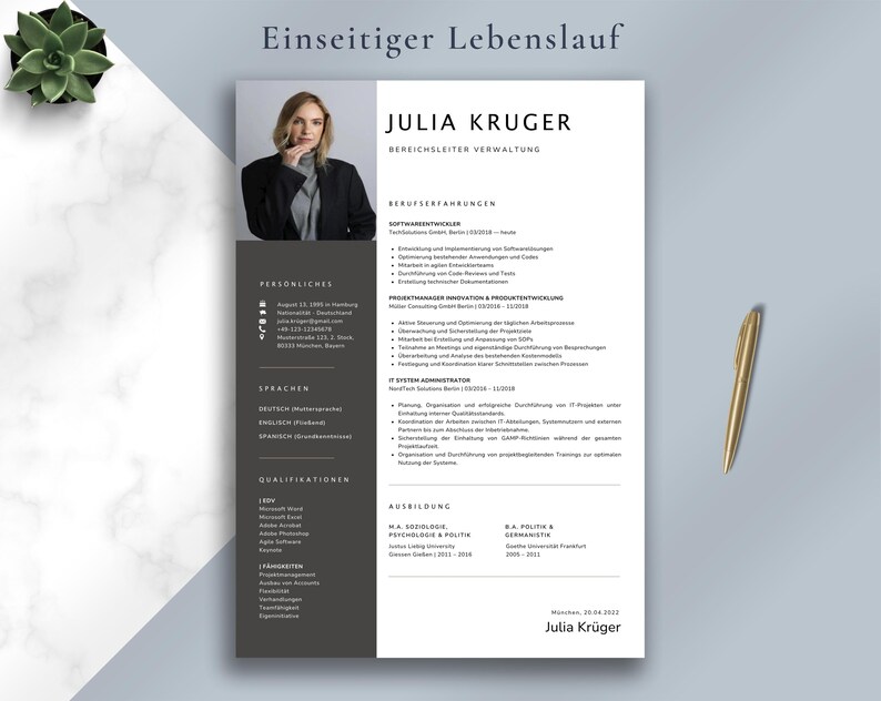 May include: A professional resume template with a photo of a woman, a gold pen, and a small plant. The resume is in black and white with the text "Einseitiger Lebenslauf" at the top. The name "Julia Kruger" is prominently displayed.