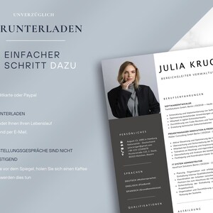 May include: A resume template with a photo of a woman, with the name "Julia Kruger" at the top. The resume includes sections for professional experience, personal details, languages, and qualifications. The background is light gray.
