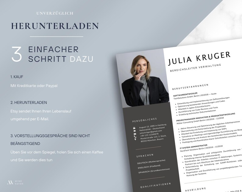 May include: A resume template with a photo of a woman, with the name "Julia Kruger" at the top. The resume includes sections for professional experience, personal details, languages, and qualifications. The background is light gray.